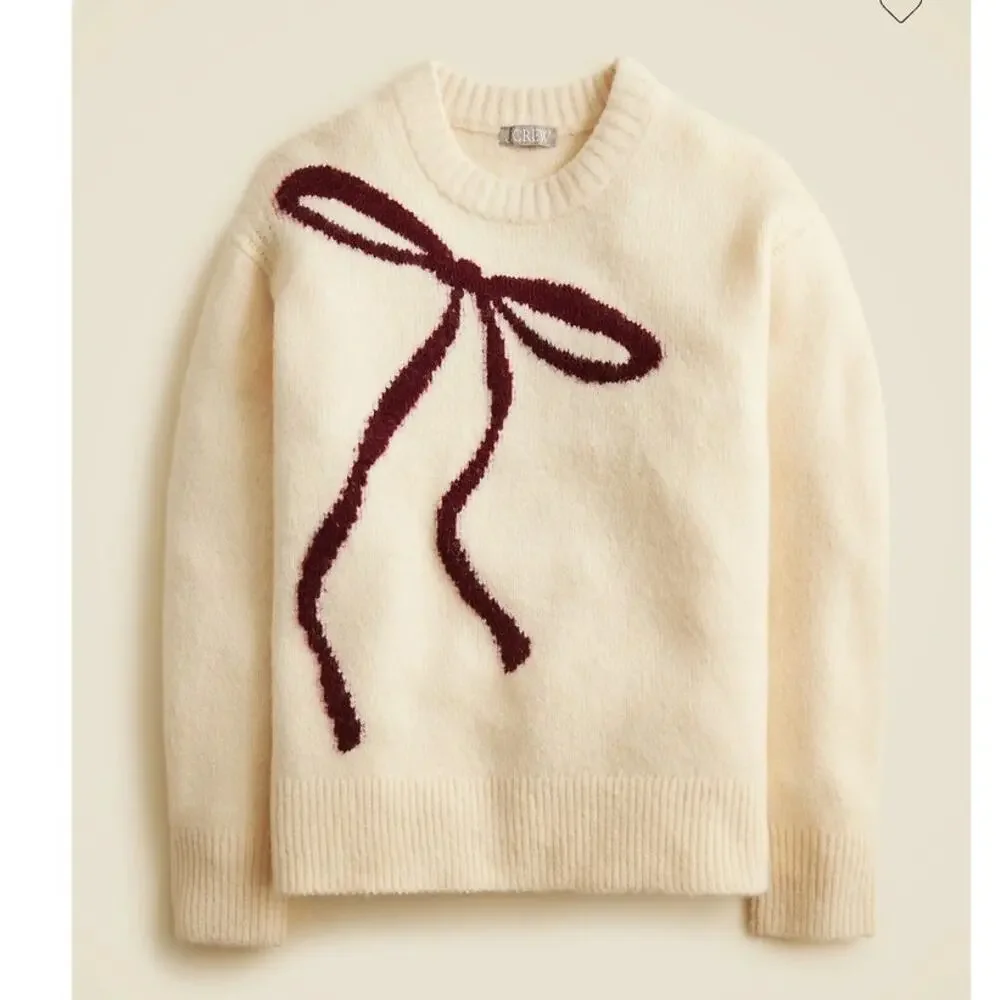 NWOT J. Crew Crewneck Pullover Sweater Western Girly Bow Print Ivory/Burgundy L
